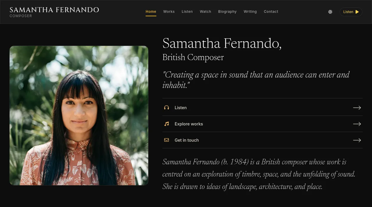 Samantha Fernando homepage, desktop screenshot