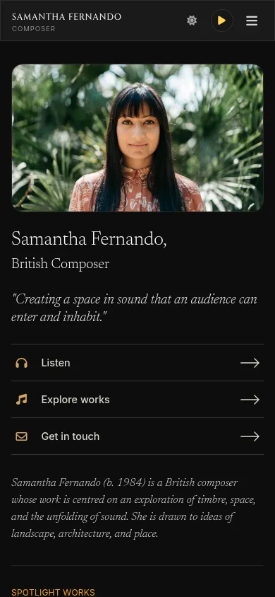 Samantha Fernando homepage, mobile screenshot